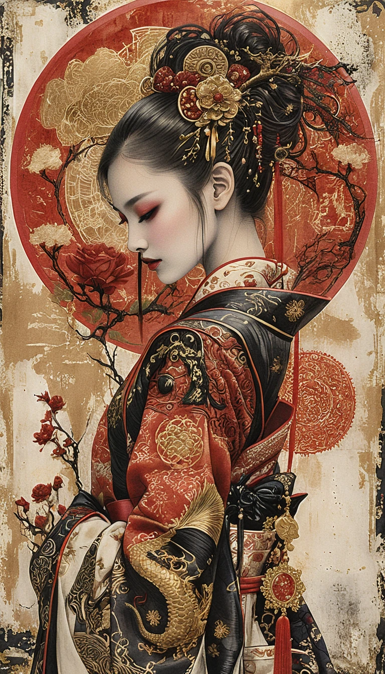 Elegant profile of a woman in a traditional dragon kimono