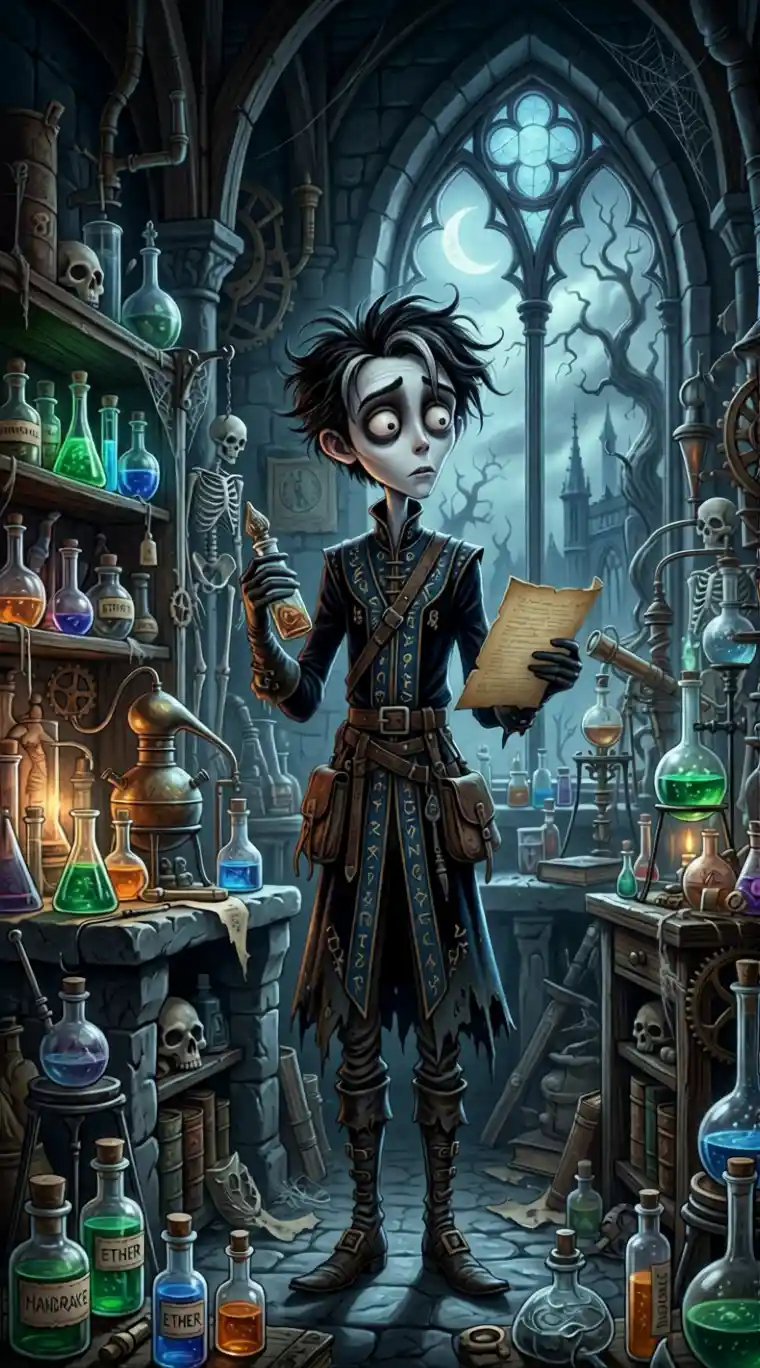 Gothic young professor in a medieval laboratory interior
