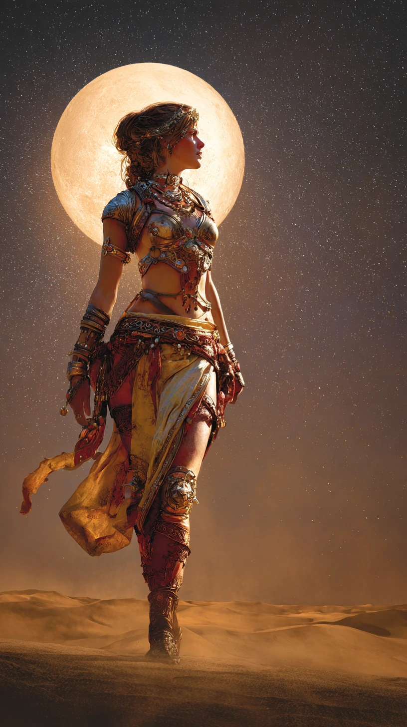 Donna mistica corazzata sotto una luna dorata del deserto