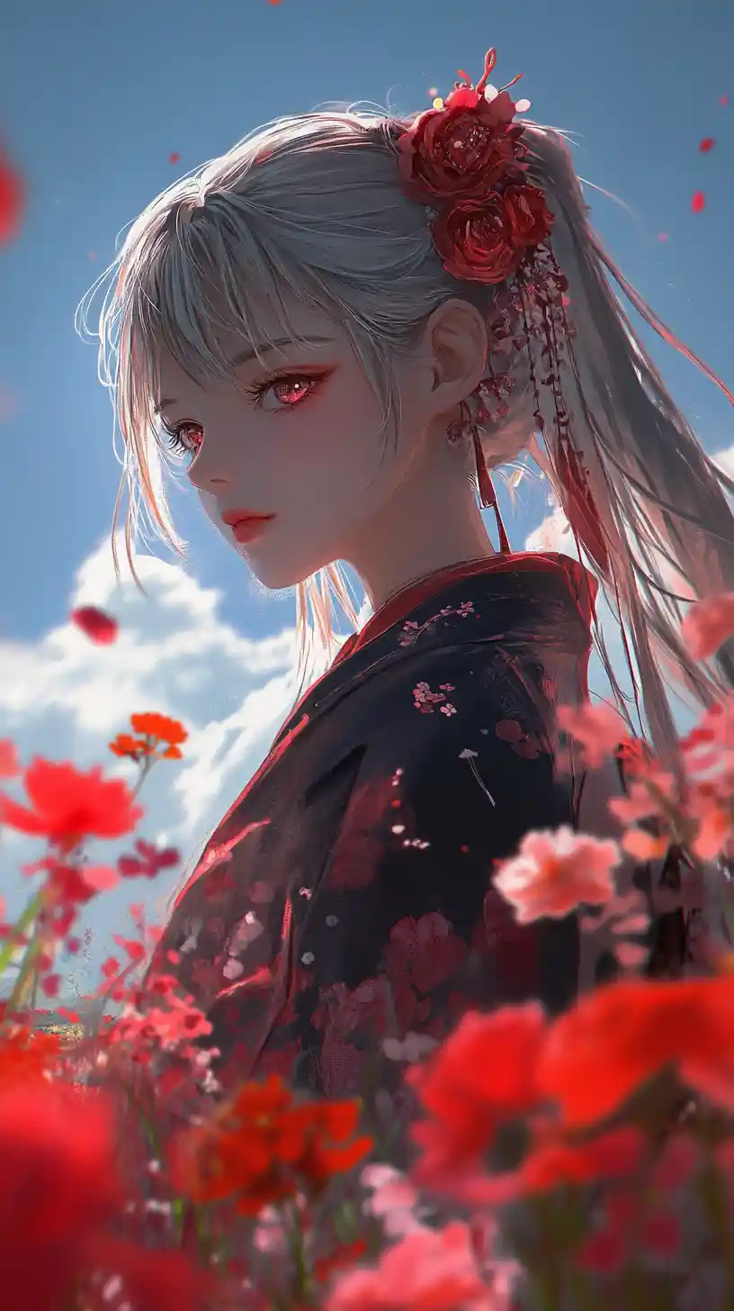 Silver haired anime woman in a red spider lily field