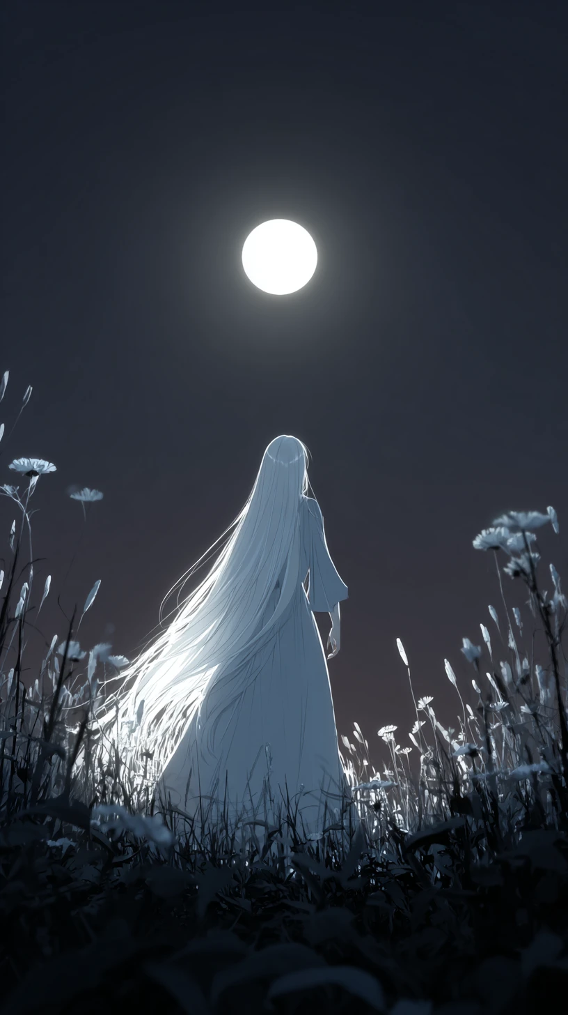 Moonlit anime girl with flowing white hair in a field