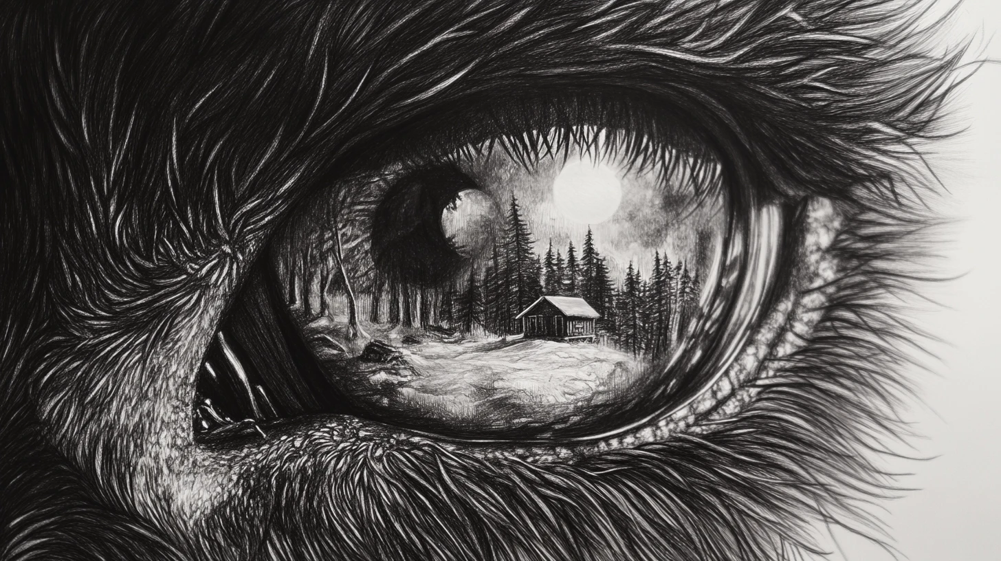 Extreme close up graphite illustration of a wolf eye