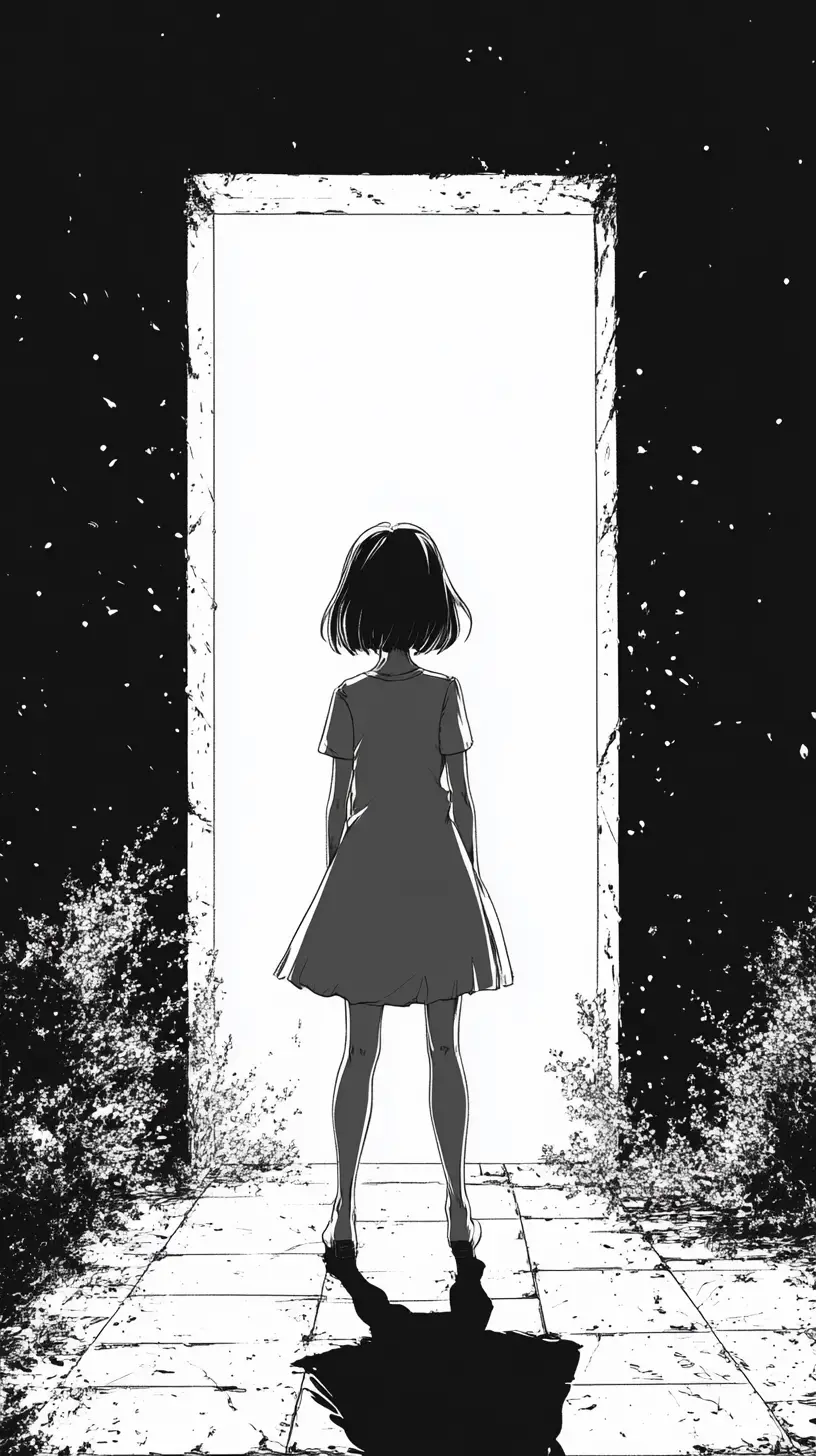 Girl Silhouette In Backlit Doorway With Tall Dark Walls