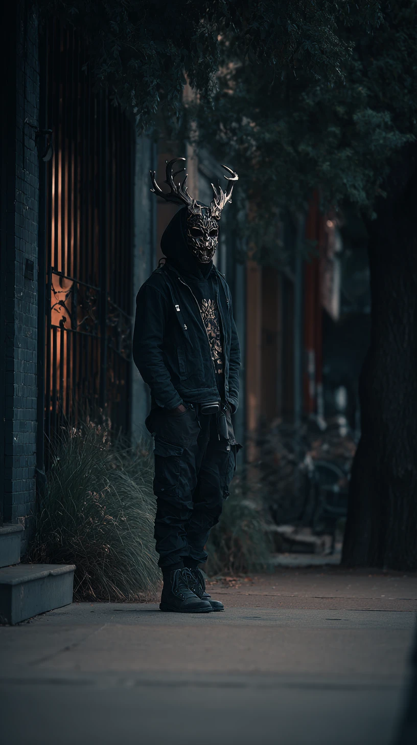Masked man walking alone along a shadowy city street