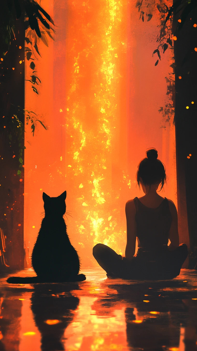 Ragazza e gatto nero in una camera luminosa e nebbiosa