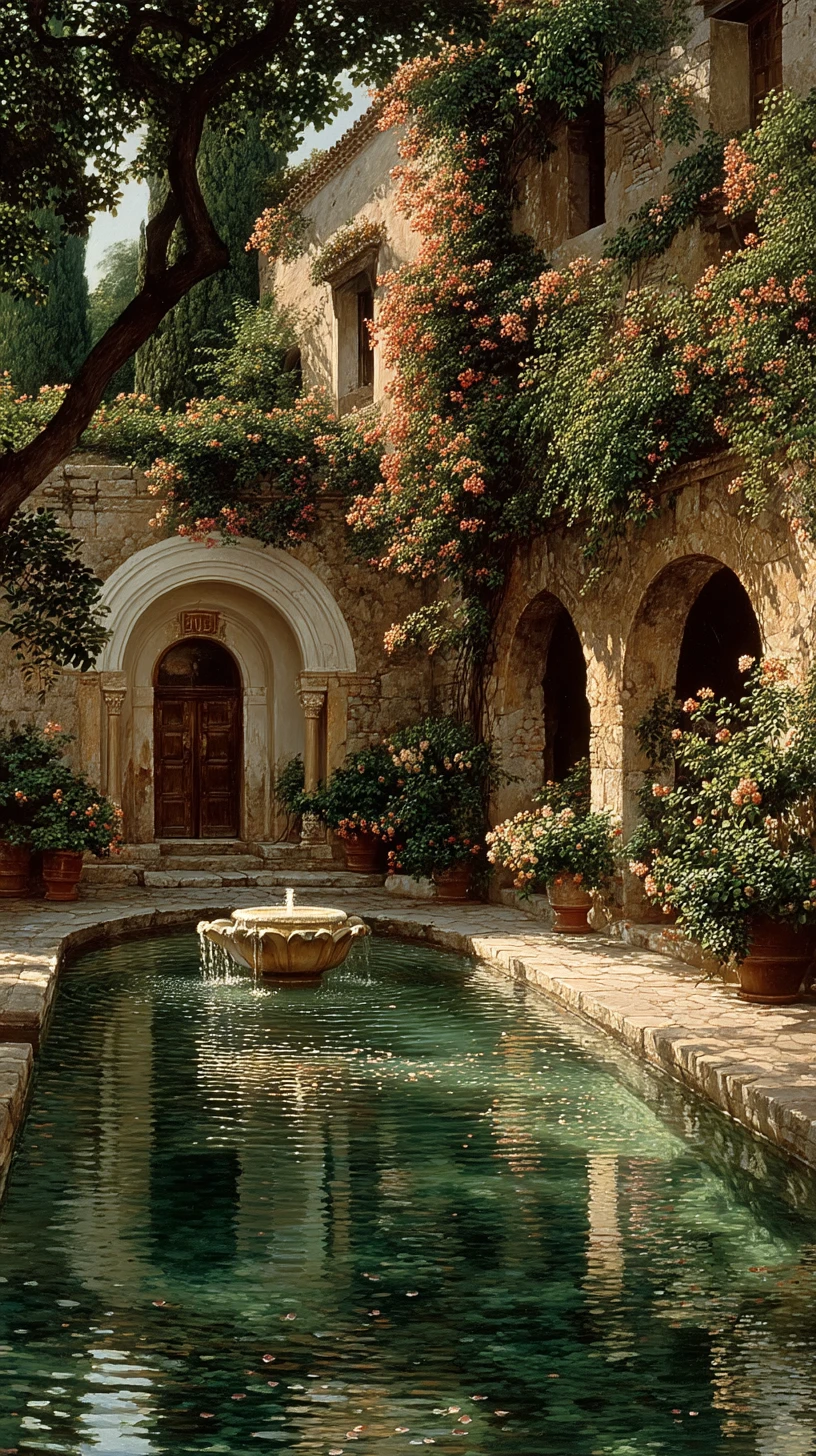 Sunlit Moorish garden courtyard with marble fountain
