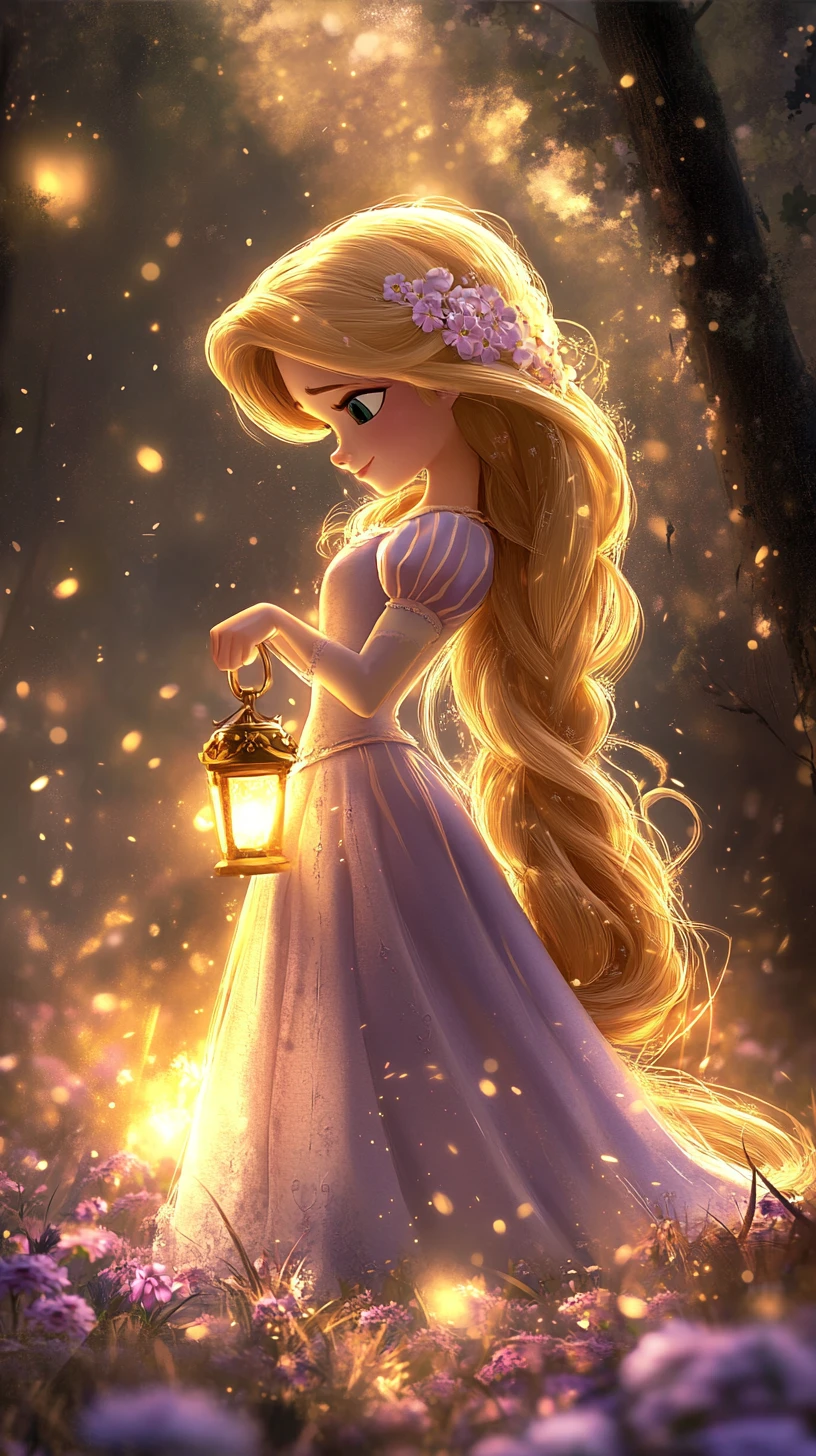 Chibi princess holding lantern in glowing forest clearing