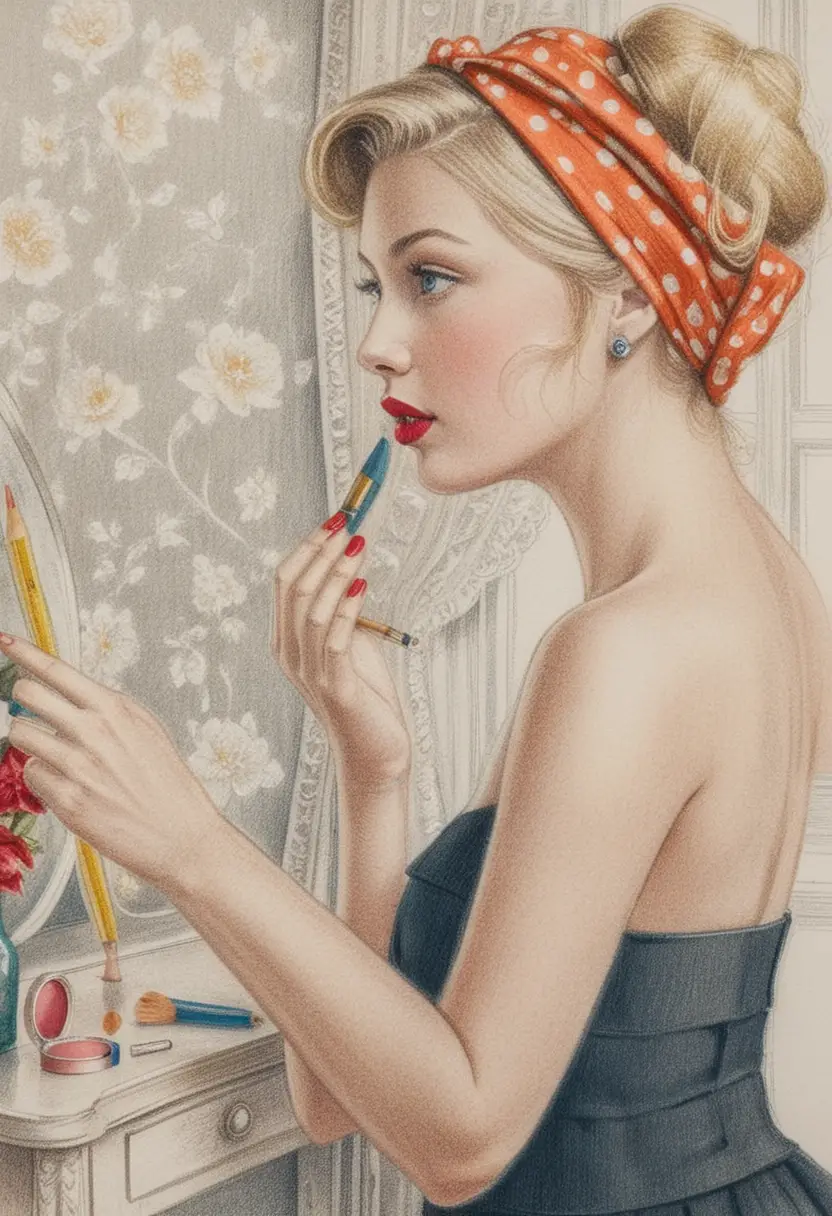 Pin up bionda che si mette il rossetto a un vanity vintage