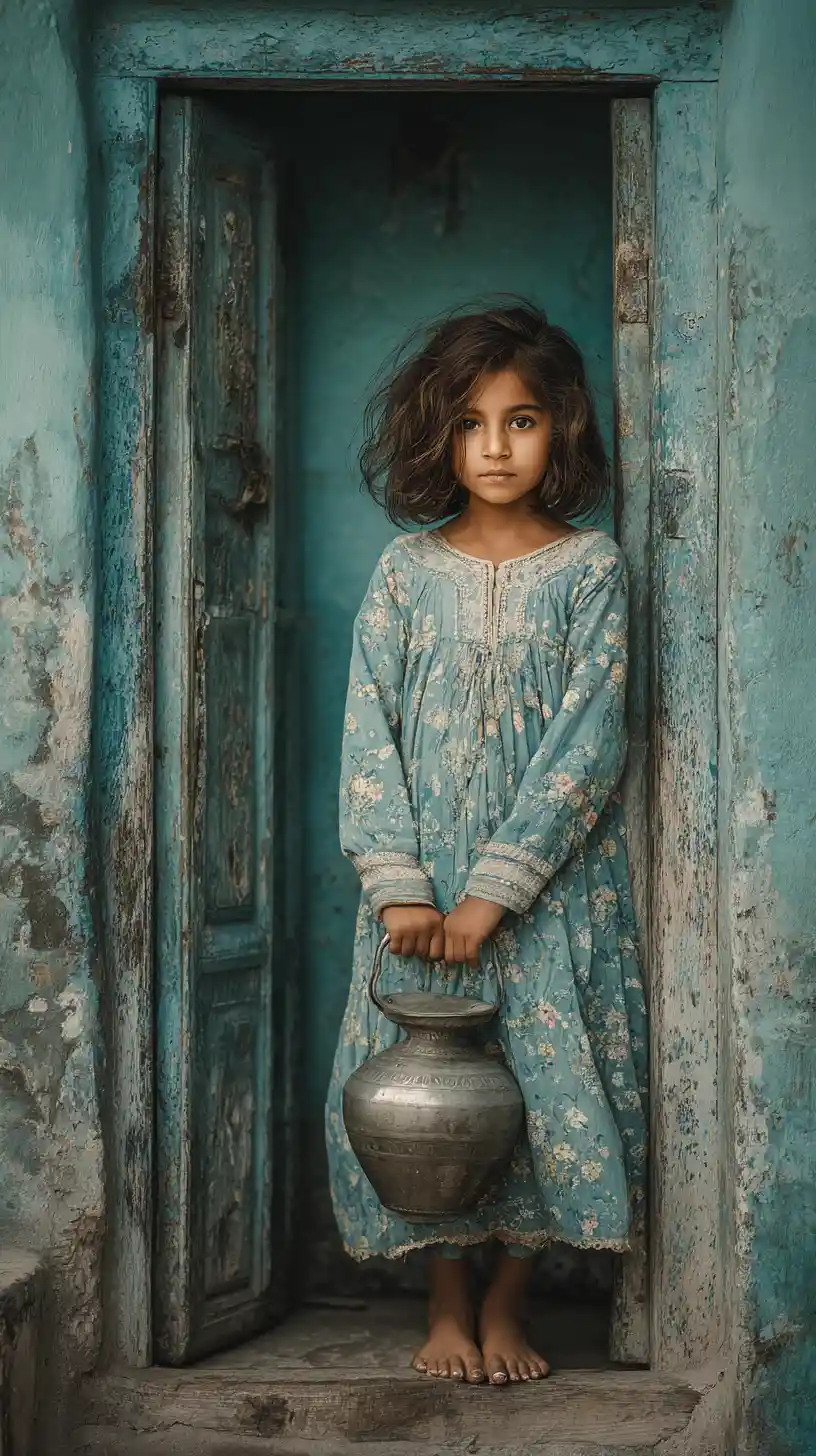 Young girl in a blue doorway with metal water vessel
