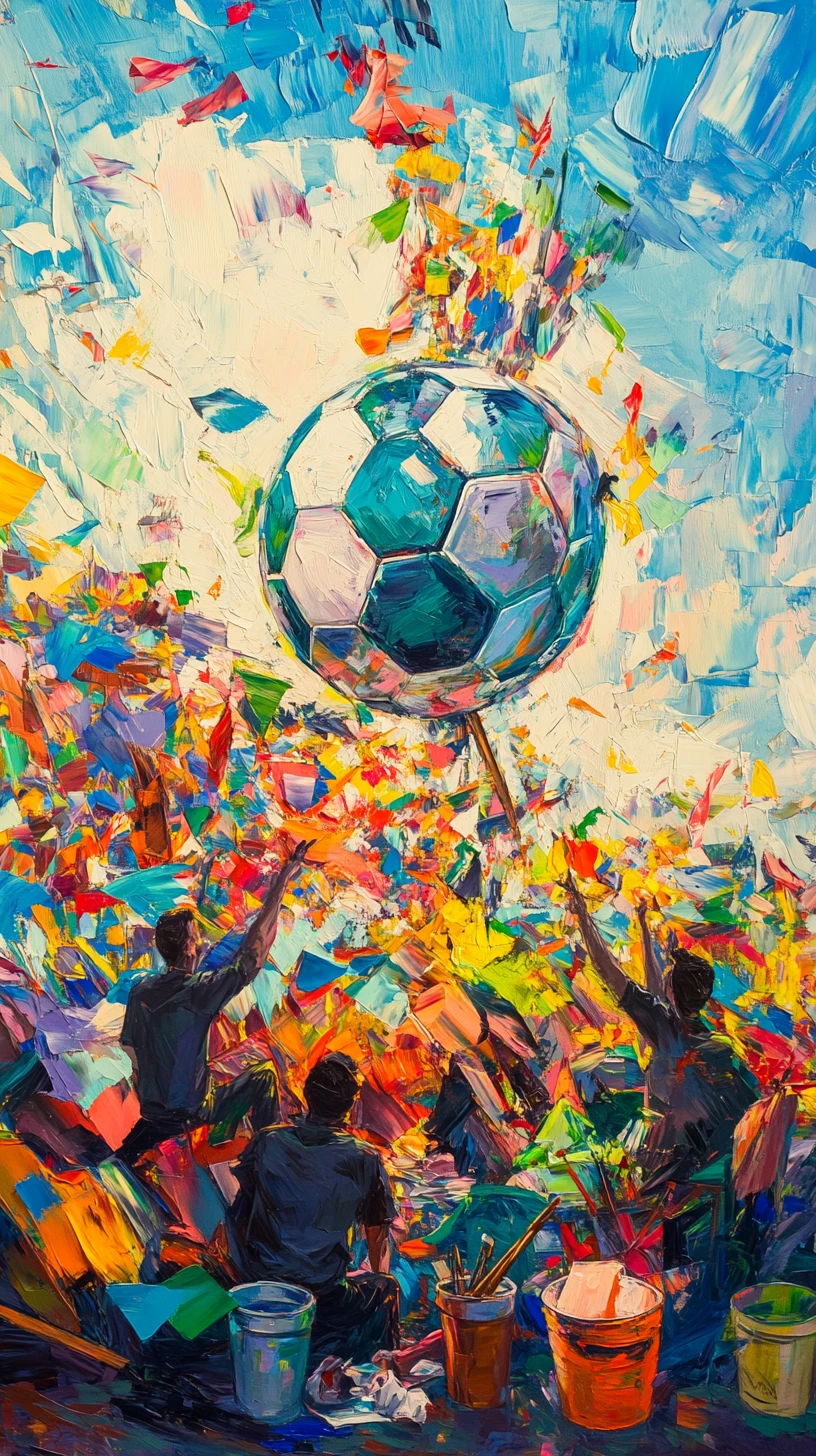 Artisti che dipingono un colorato murale di calcio su un muro della città