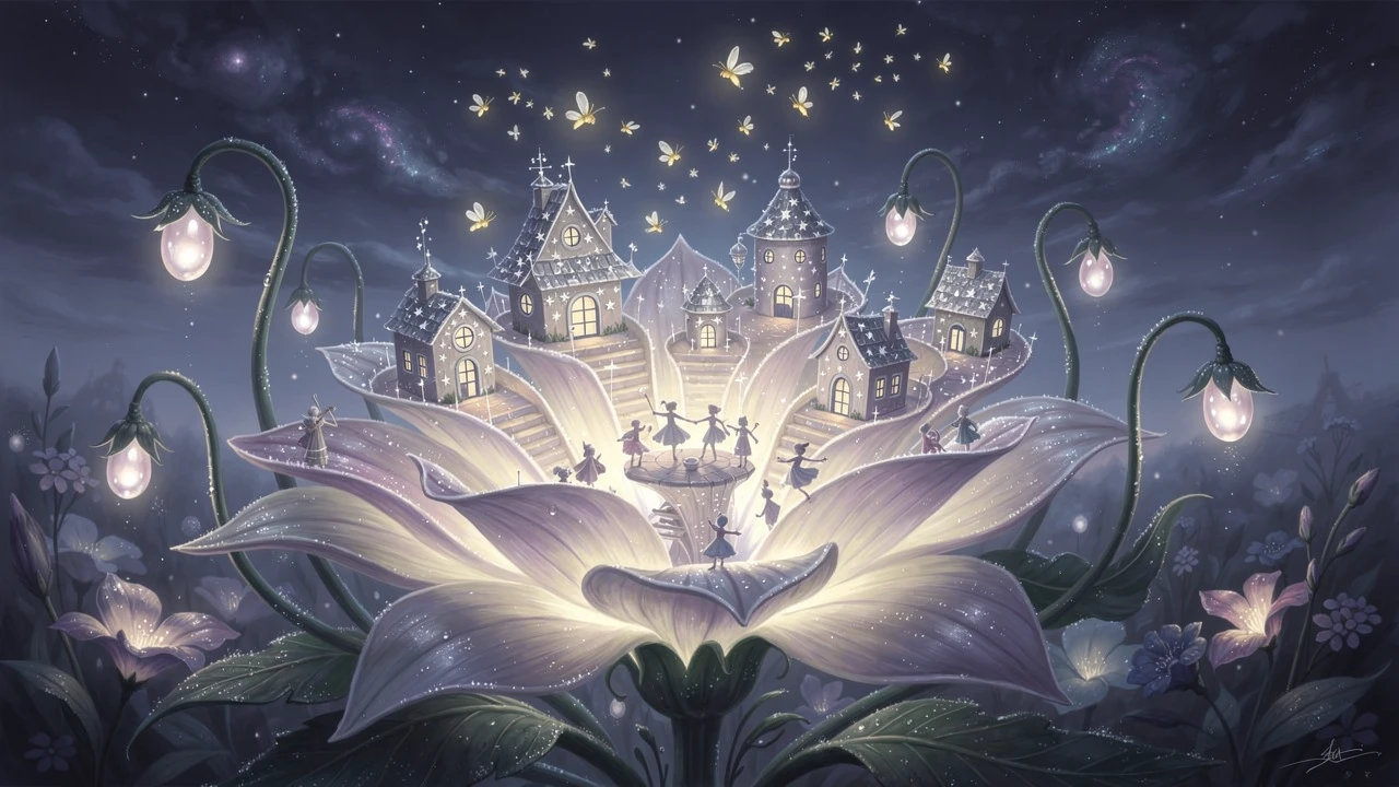 Tiny Fantasy Town On Glowing Moonflower Petals At Night