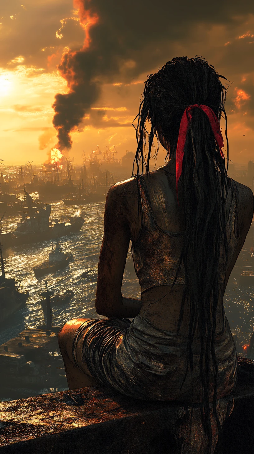 Woman overlooking ruined ships from a decaying metal pier