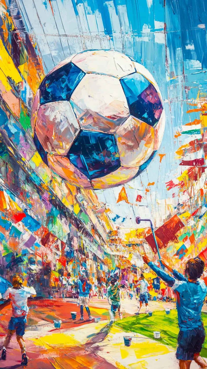 Des artistes peignent une immense fresque de ballon de football sur un mur de la ville