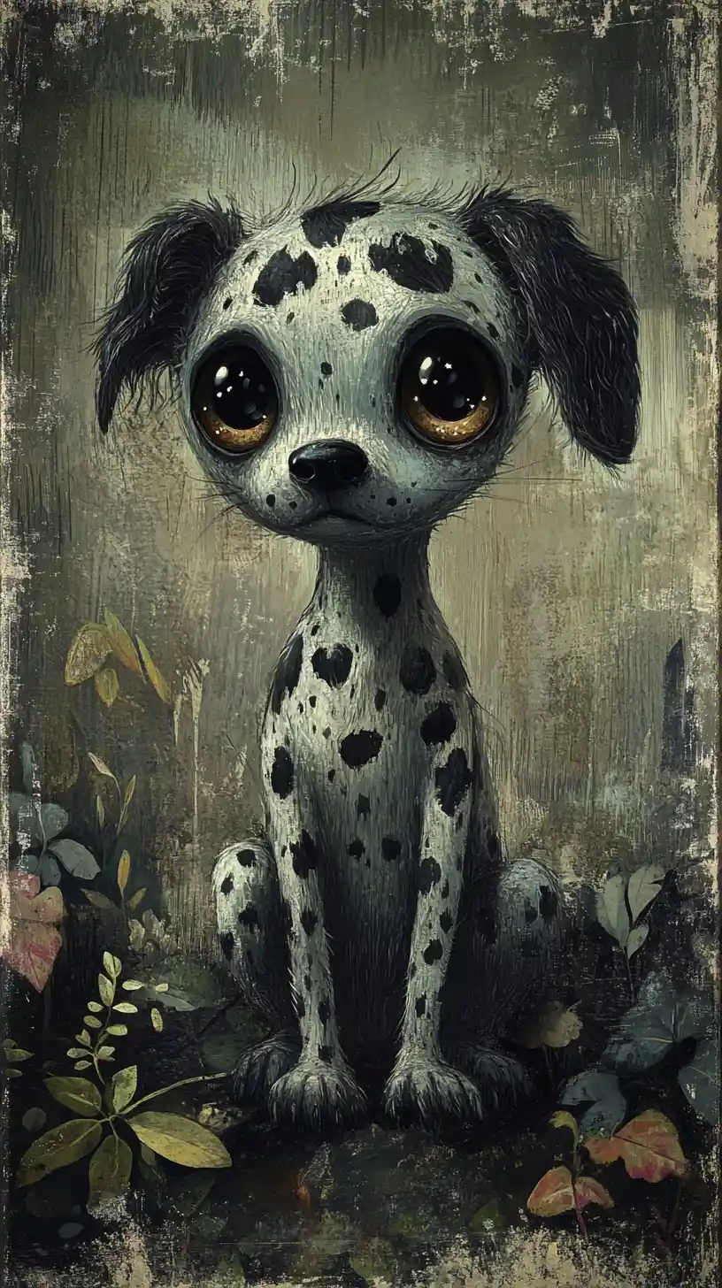 Whimsical gothic puppy in a dreamy forest vignette