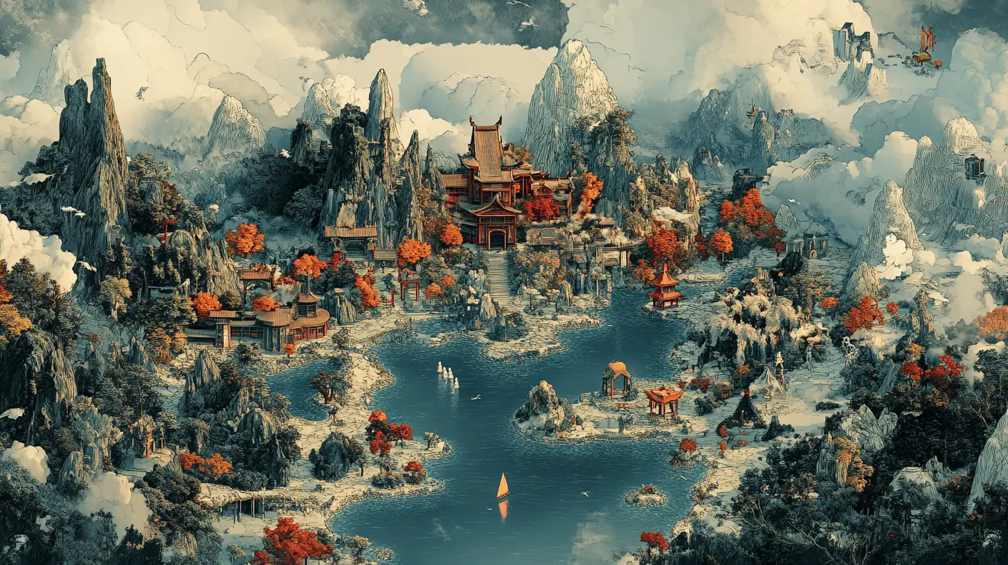 Colorful fantasy map of a detailed fictional world