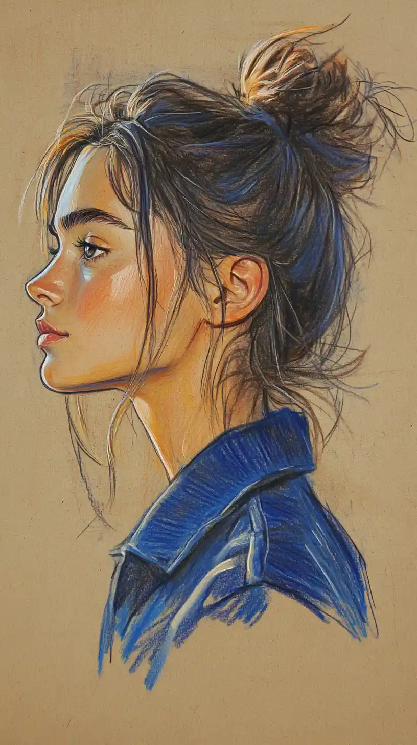 Retrato a lápiz de colores de elegante chica de cabello azul de perfil