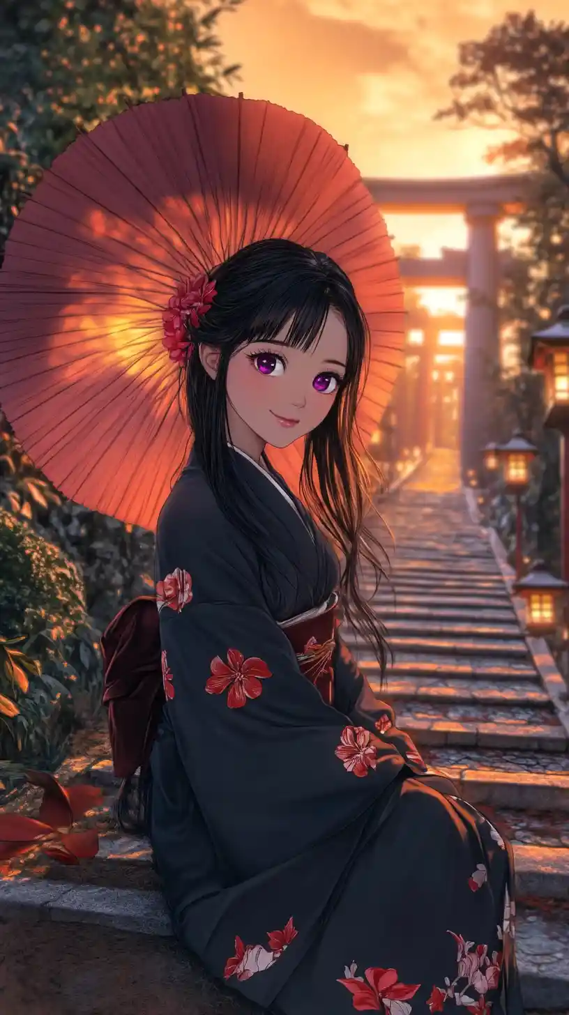 Anime girl in black kimono on stone temple steps