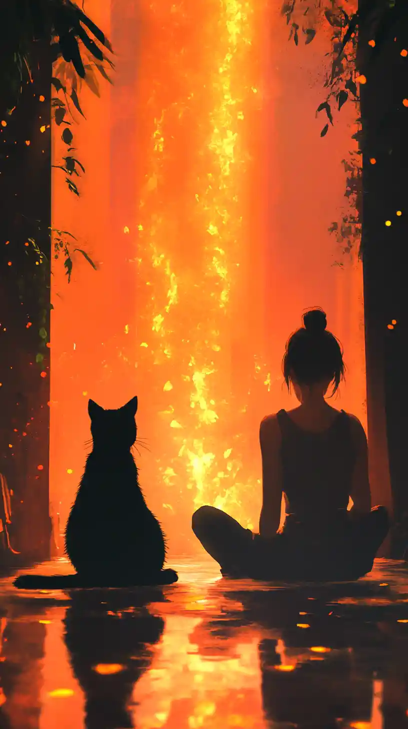 Ragazza e gatto nero in una camera luminosa e nebbiosa