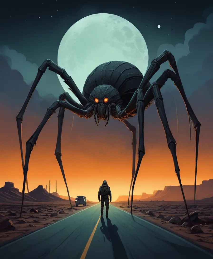 Criatura aranha colossal pairando sobre uma estrada empoeirada no deserto