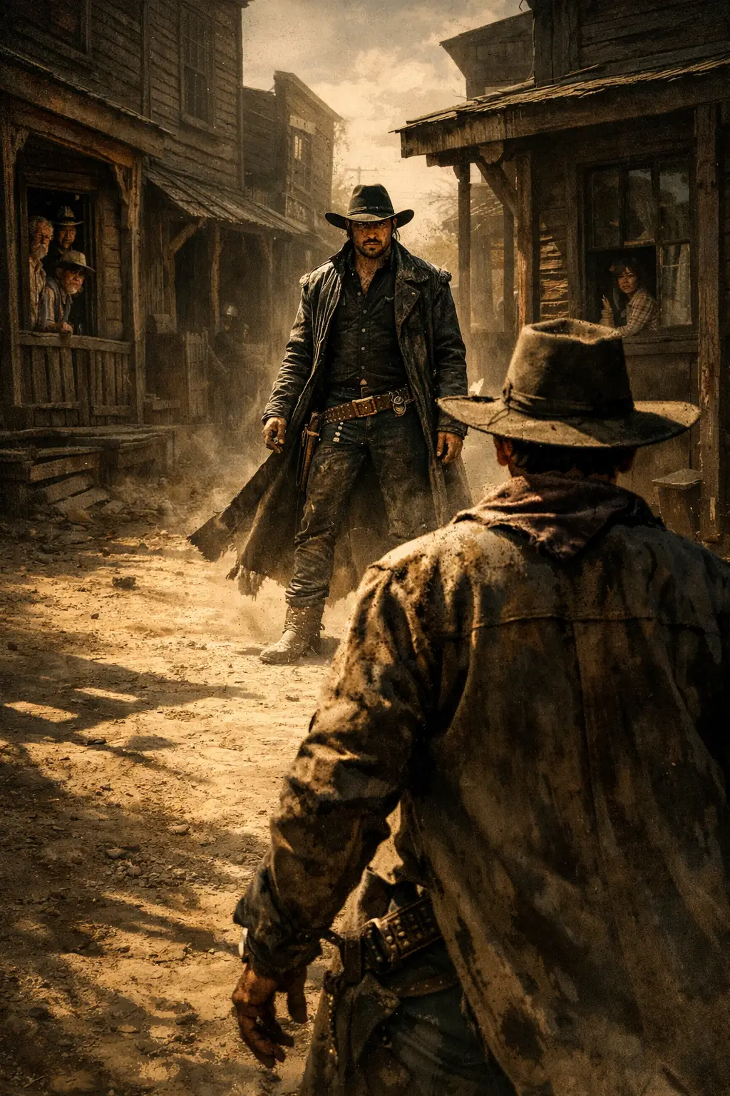 Tense cowboy duel on a dusty western town street