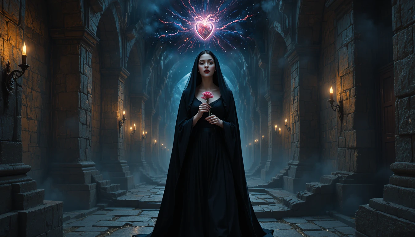 Mourning woman walking through ancient torchlit stone halls