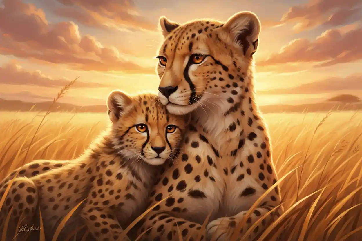Cheetah mother and cub cuddling on the African savanna