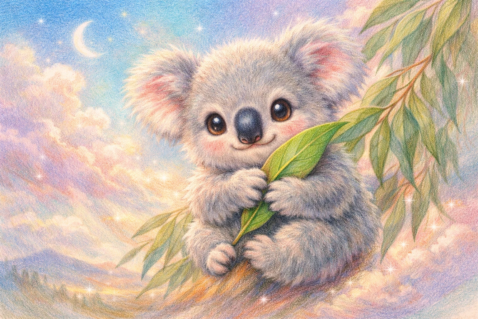 Baby koala holding eucalyptus leaf in soft pastel illustration
