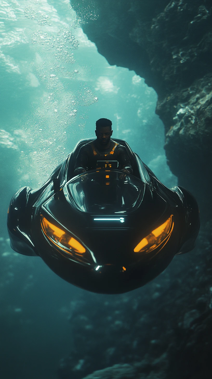 Afrofuturistic man piloting a sleek underwater vessel
