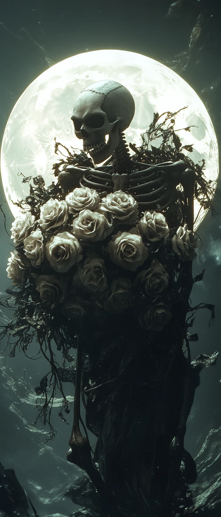 Grim Reaper Wrapped In Roses Under A Luminous Full Moon