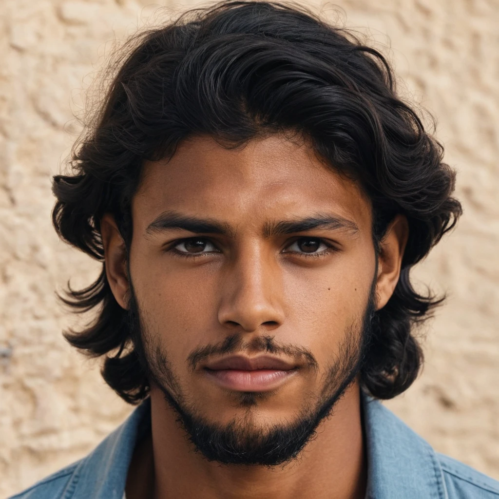Young tan skinned man with long wavy black hair