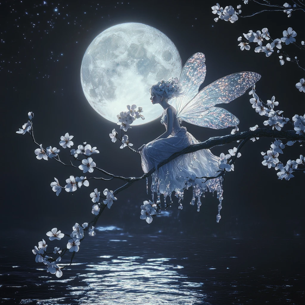 Fairy On Cherry Blossom Branch Under Luminous Full Moon