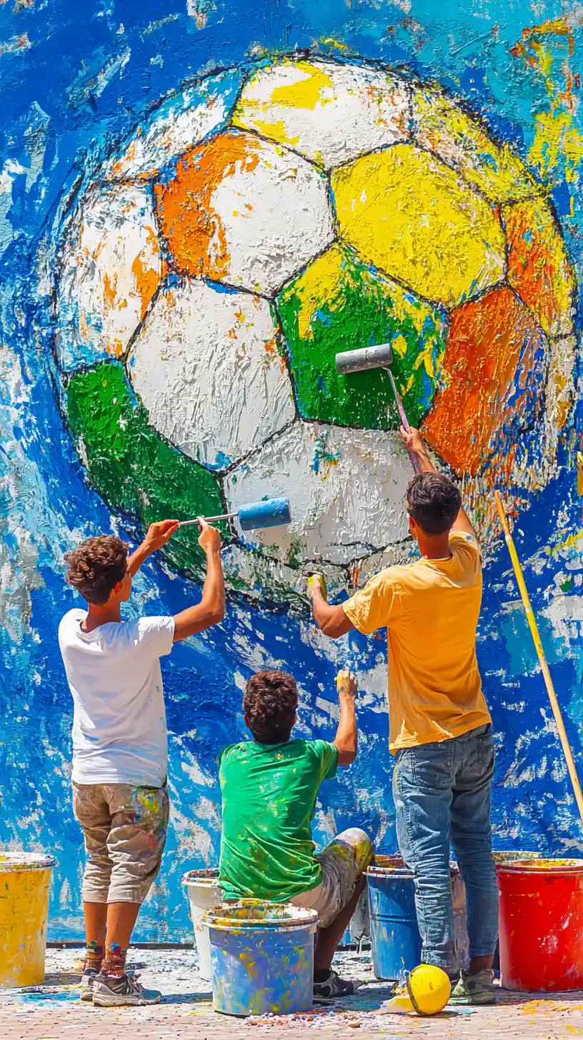 Jeunes amis peignant ensemble une fresque de football colorée