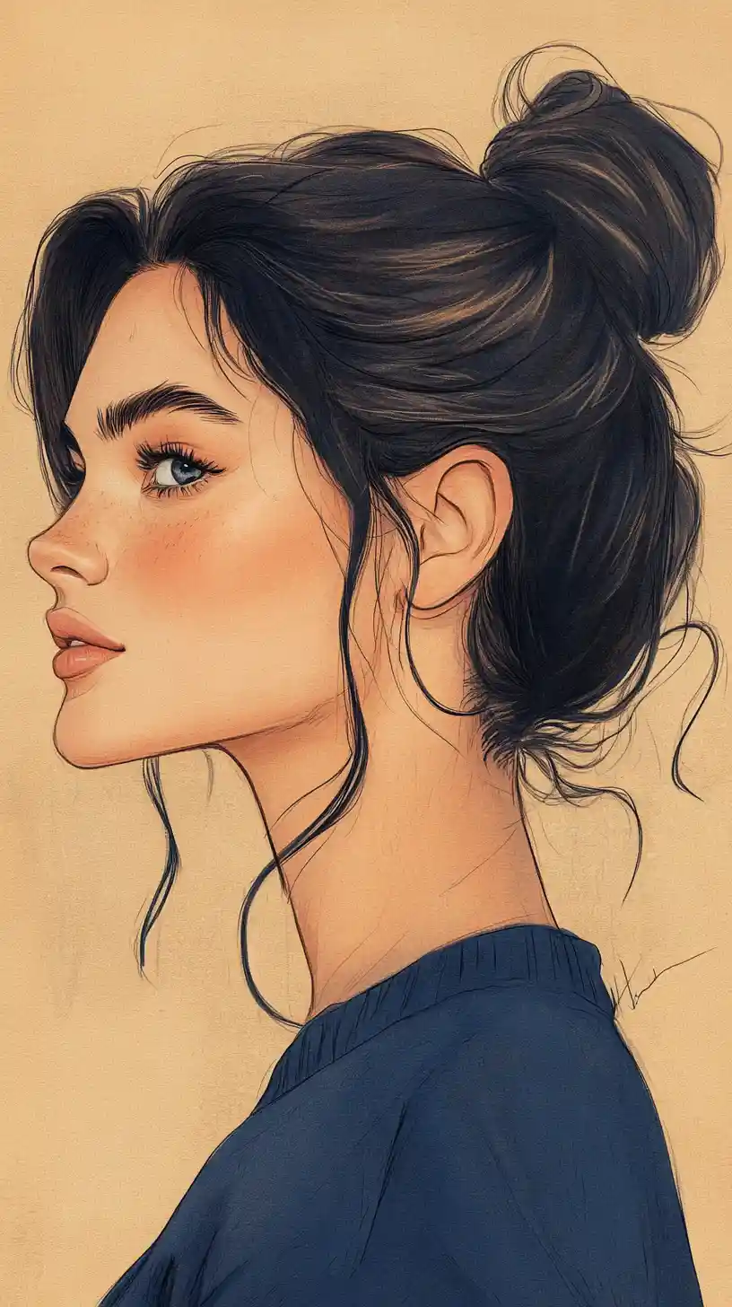 Contemplative profile portrait of a young woman in colored pencil