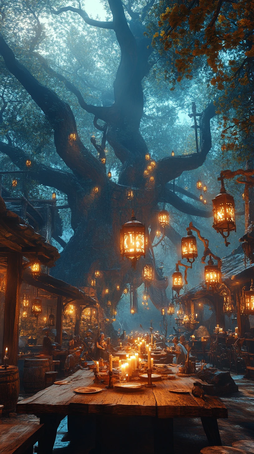 黄昏の神秘的な森の酒場と神話の饗宴