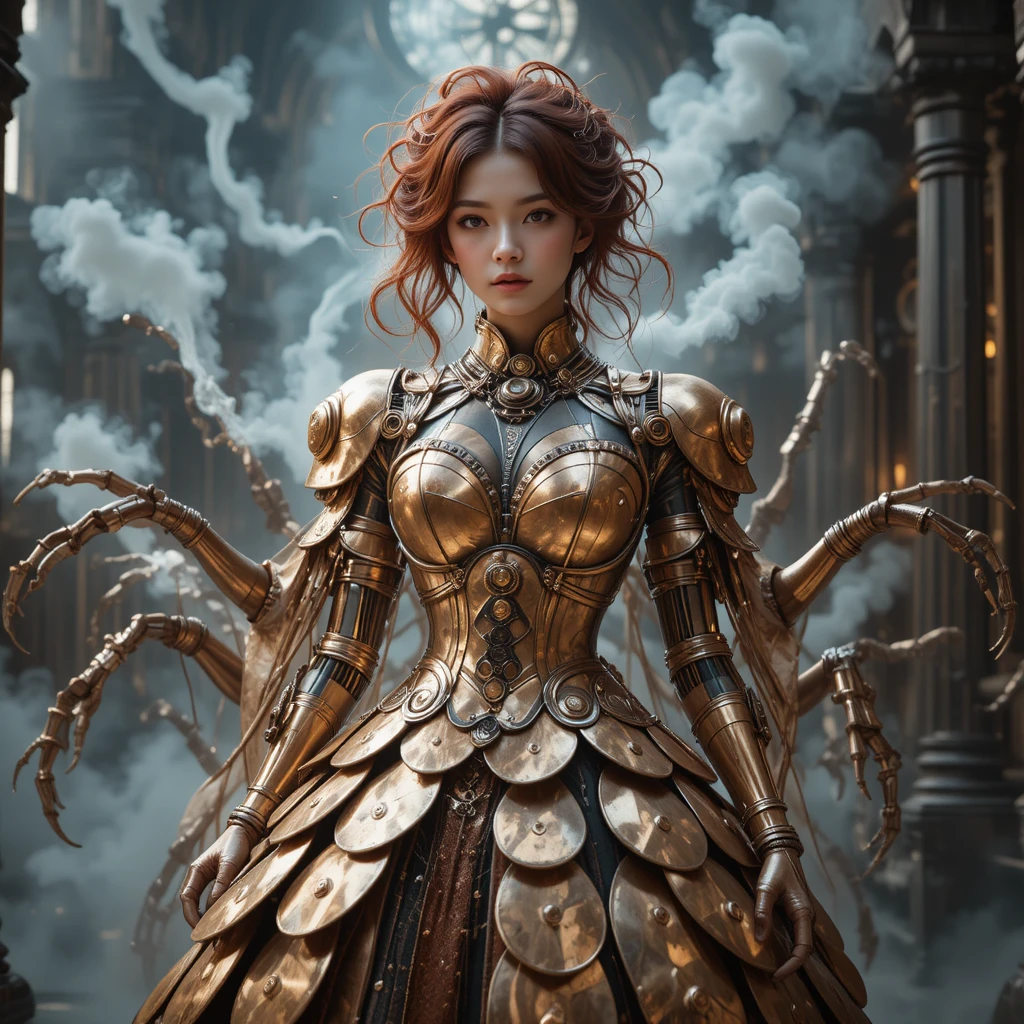 Regal alchemical queen in a steam filled clockwork cathedral