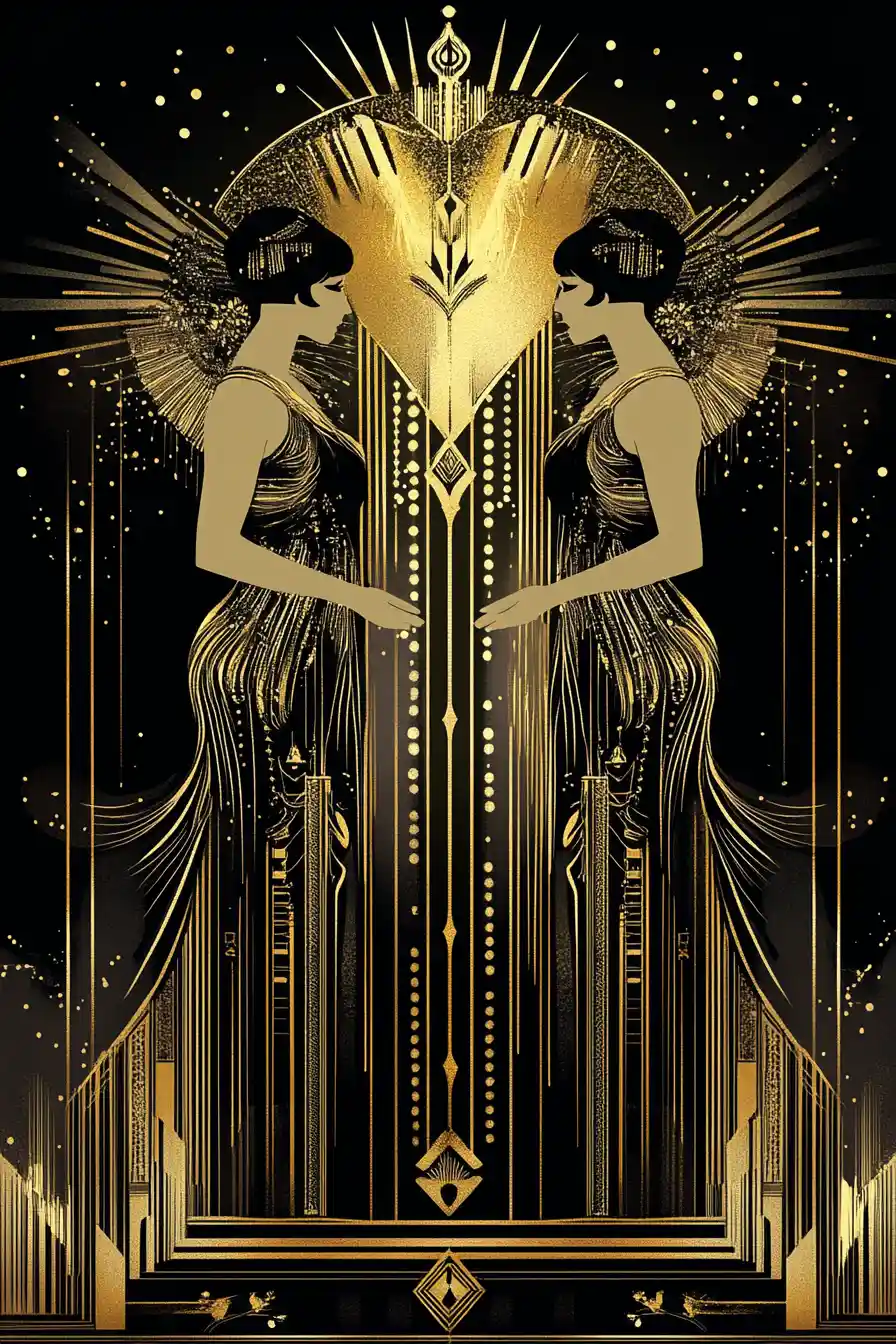 Art-déco-Zwillingsfrauen mit prunkvollem goldenen Motiv