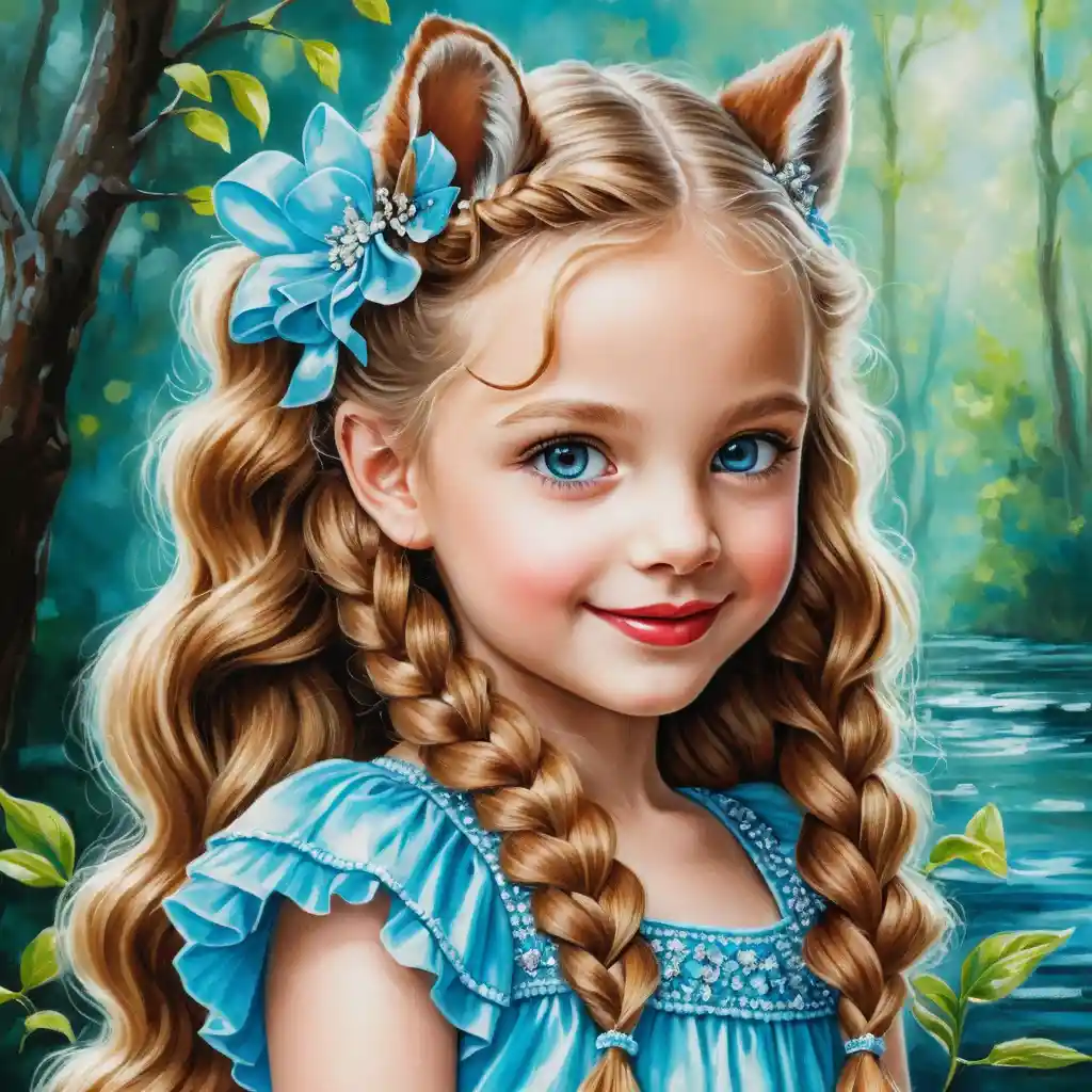 Little blonde girl in aqua dress with squirrel companion