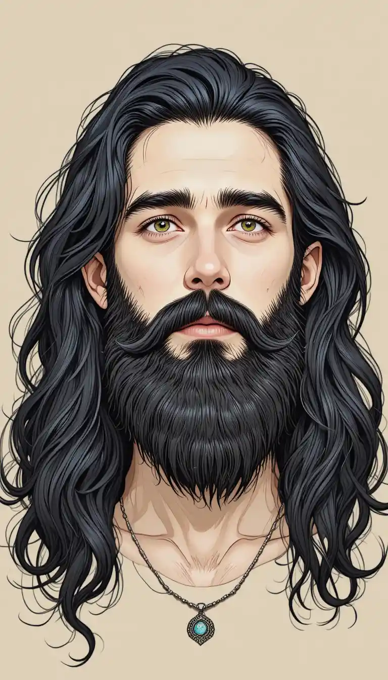 Digital portrait of a calm man with long dark hair