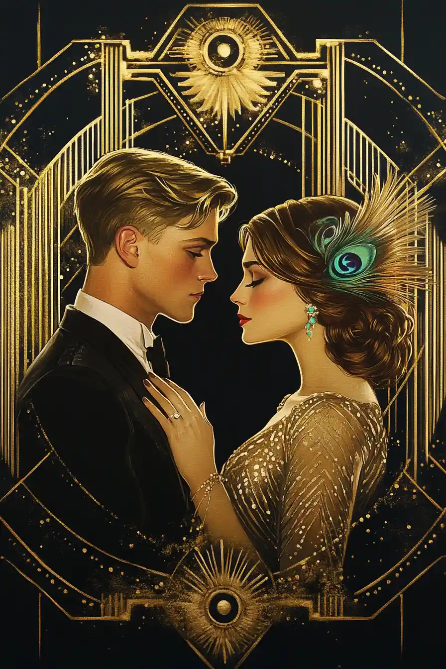 Elegant art deco couple in a golden romantic embrace
