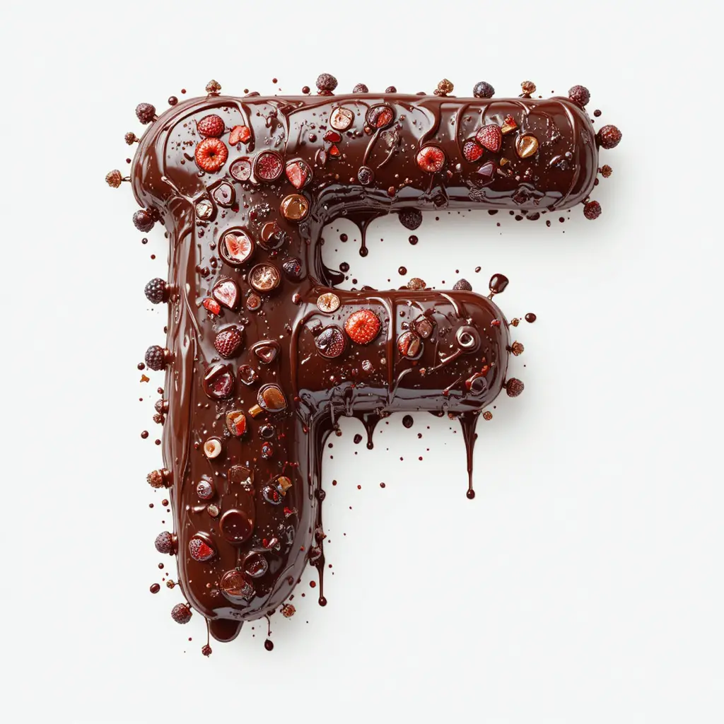 Fraise trempée dans le chocolat formant une lettre F dégoulinante