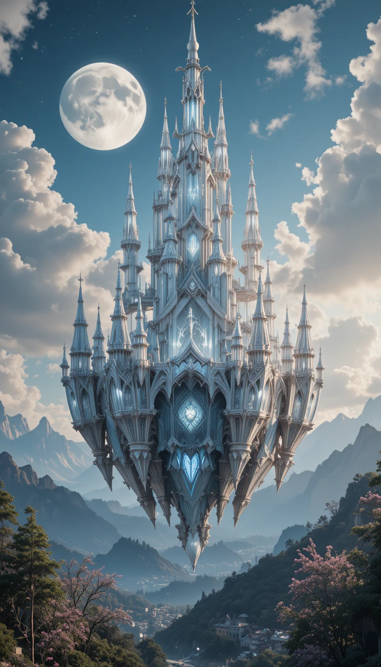 Floating crystal castle glowing under the distant moon