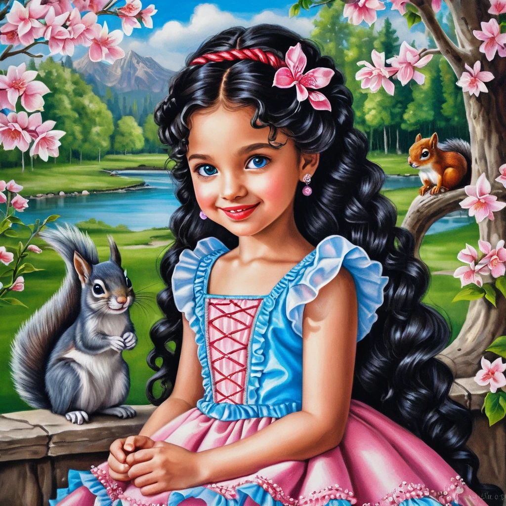 Smiling curly haired girl in pink glitter dress