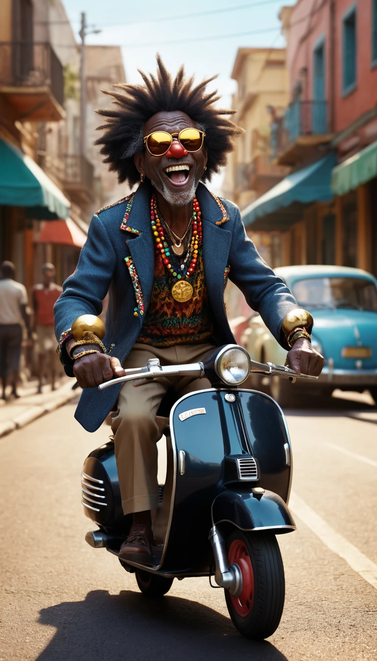 Joyful old man clown riding a vintage vespa scooter
