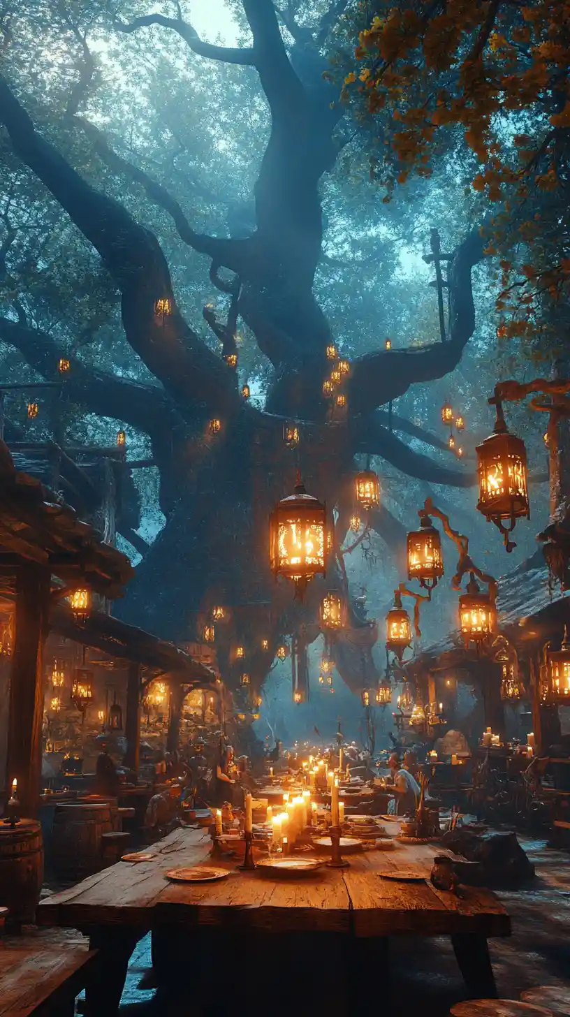 Enchanted Forest Tavern With Mythical Feast At Dusk