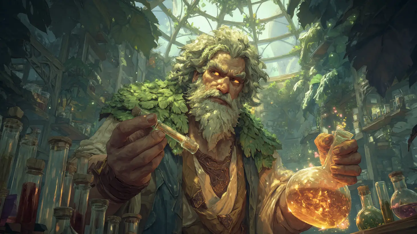 Elderly alchemist mixing glowing potion in ancient greenhouse