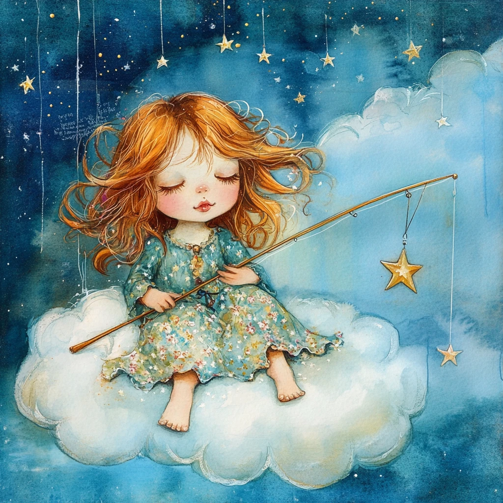 Young girl fishing glowing stars in a dreamy night sky