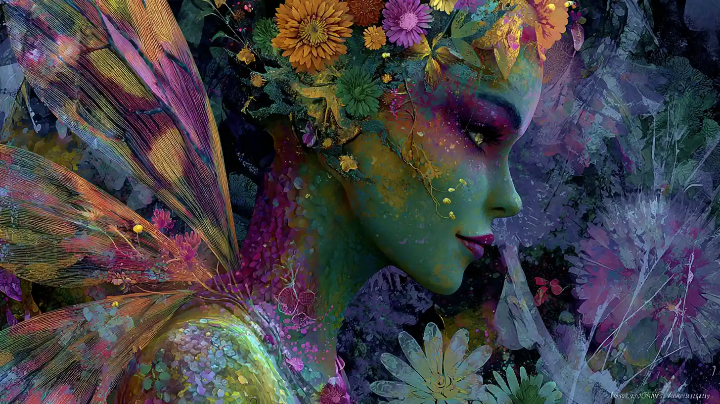 Abstract cyborg fae woman in a colorful fairy garden