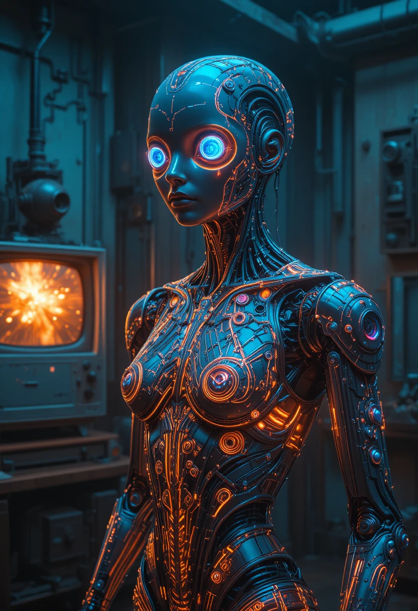 Elegant android portrait in a dim retro futuristic room