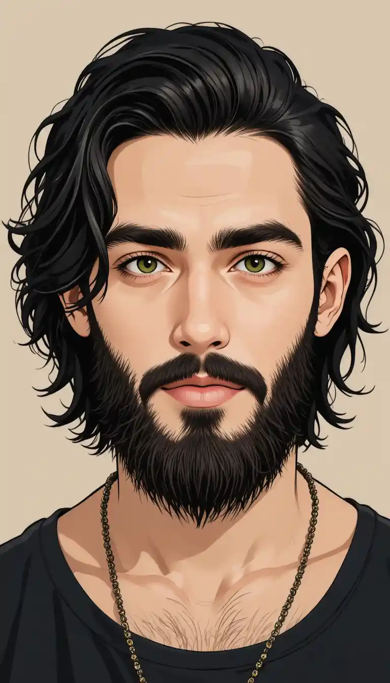 Calm young man with long dark hair and beard portrait