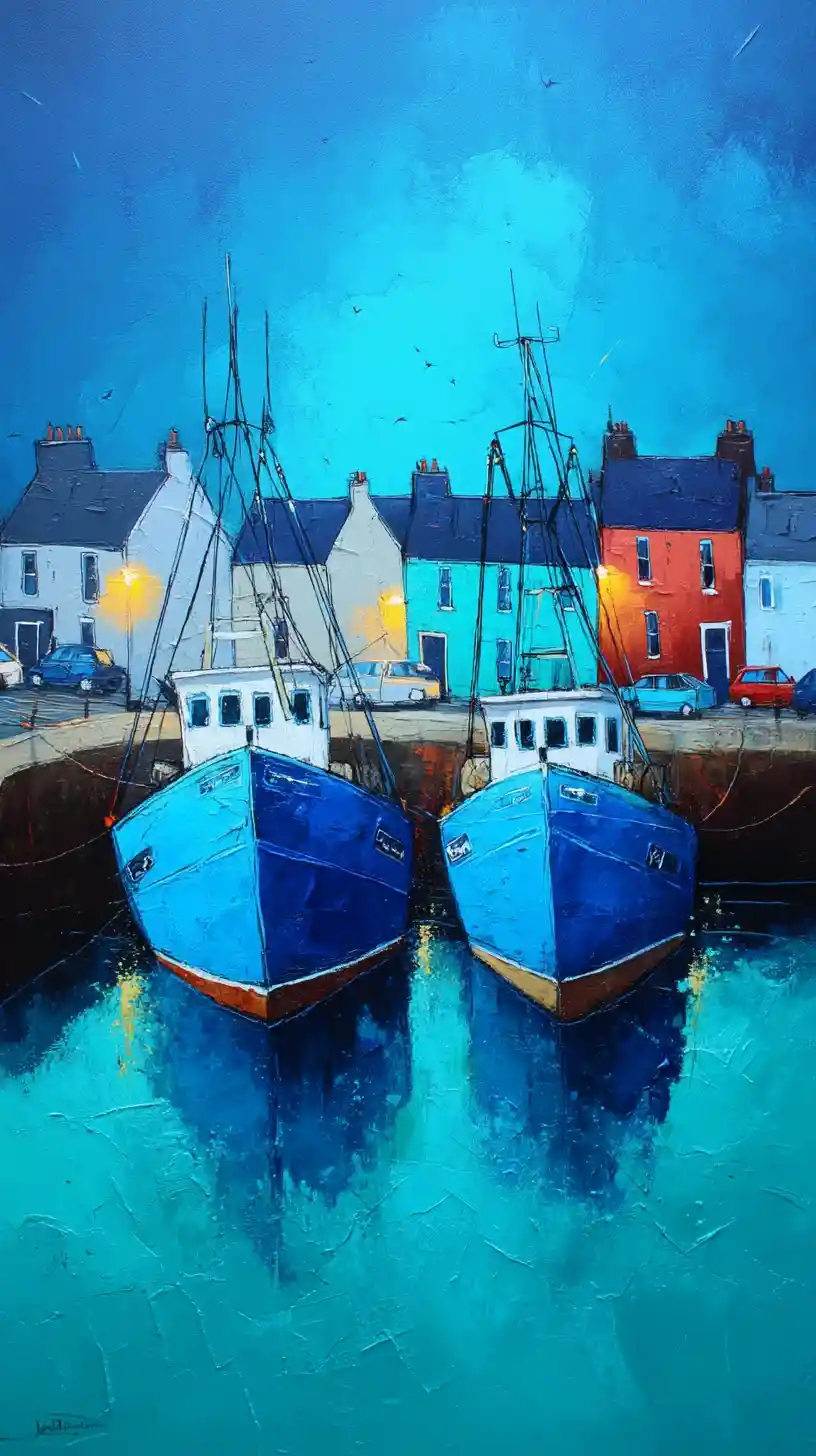 Fishing boats in a colorful harbor beside a coastal village